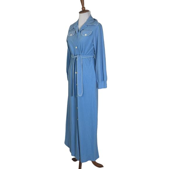 Vintage 1970s Vassarette Blue Velour Maxi Robe Dress XS/S  Lounge Housecoat - Picture 4 of 10